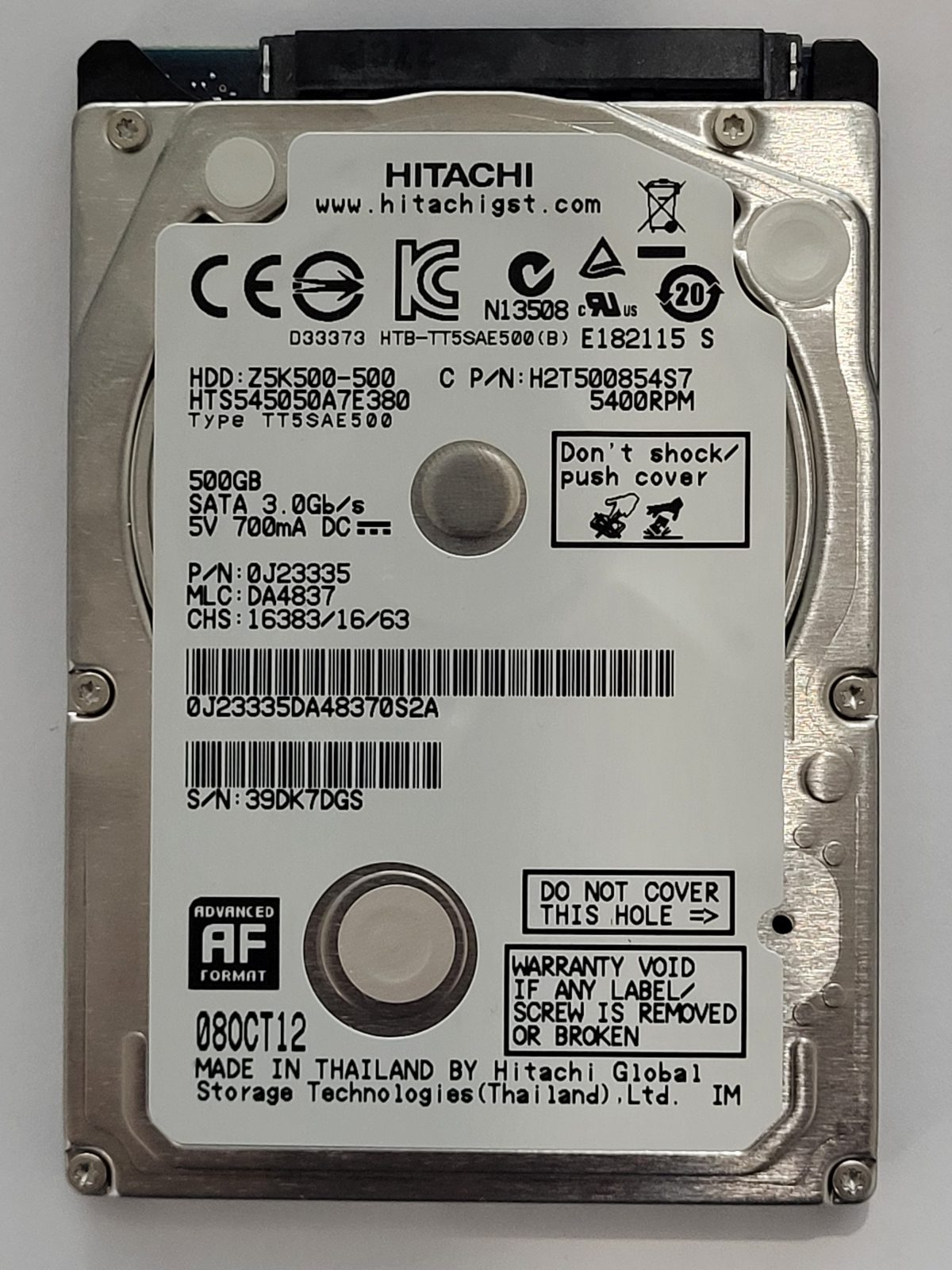 HTS545050A7E380, PN: 0J23335, MLC: DA4837, 08 OCT 12, Hitachi 500Gb 2.5" HDD STK