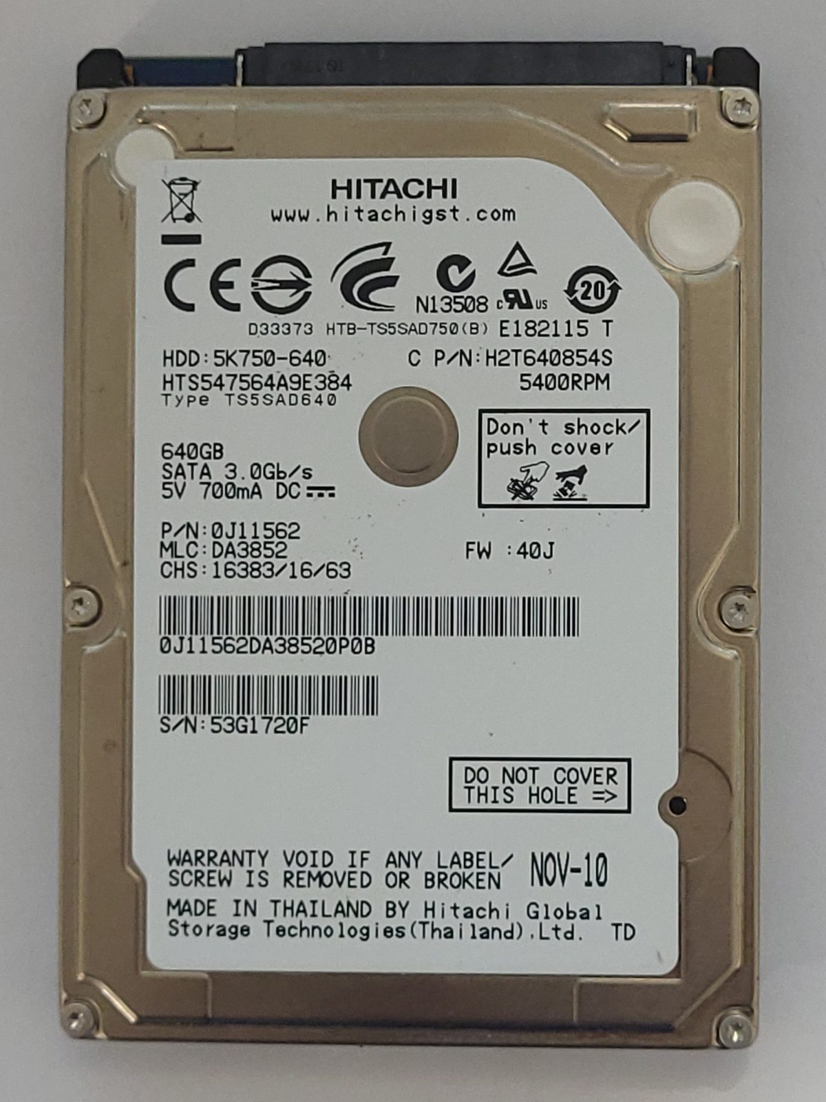 HTS547564A9E384, PN: 0J11562, MLC: DA3852, NOV-10, Hitachi 640Gb 2.5" HDD STK