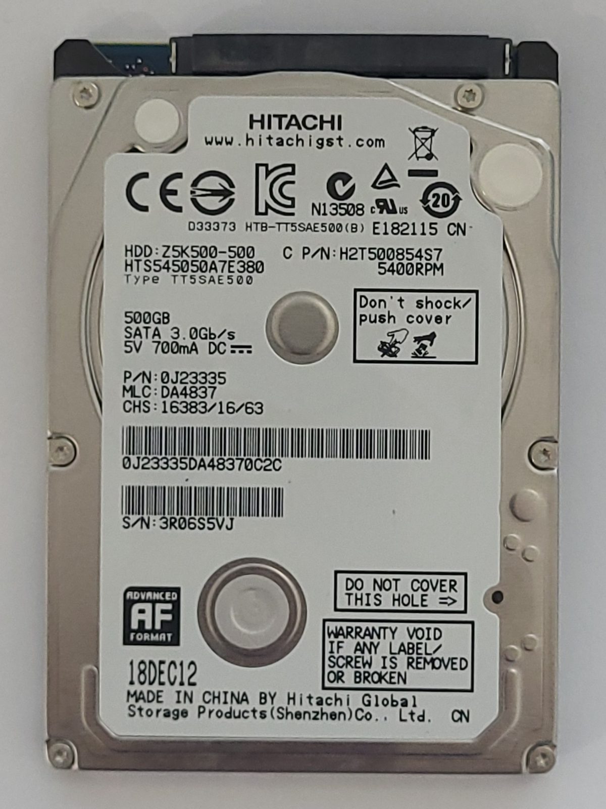HTS545050A7E380, PN: 0J23335, MLC: DA4837, 18 DEC 12, Hitachi 500Gb 2.5" HDD STK
