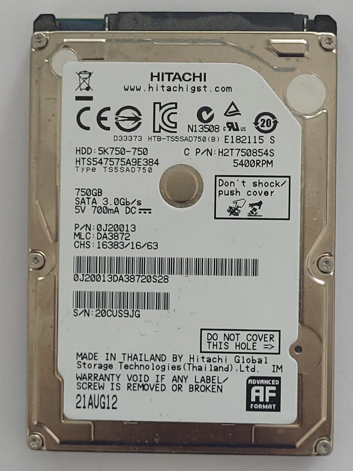 HTS547575A9E384, PN: 0J20013, MLC: DA3872, 21 AUG 12, Hitachi 750Gb 2.5" HDD STK