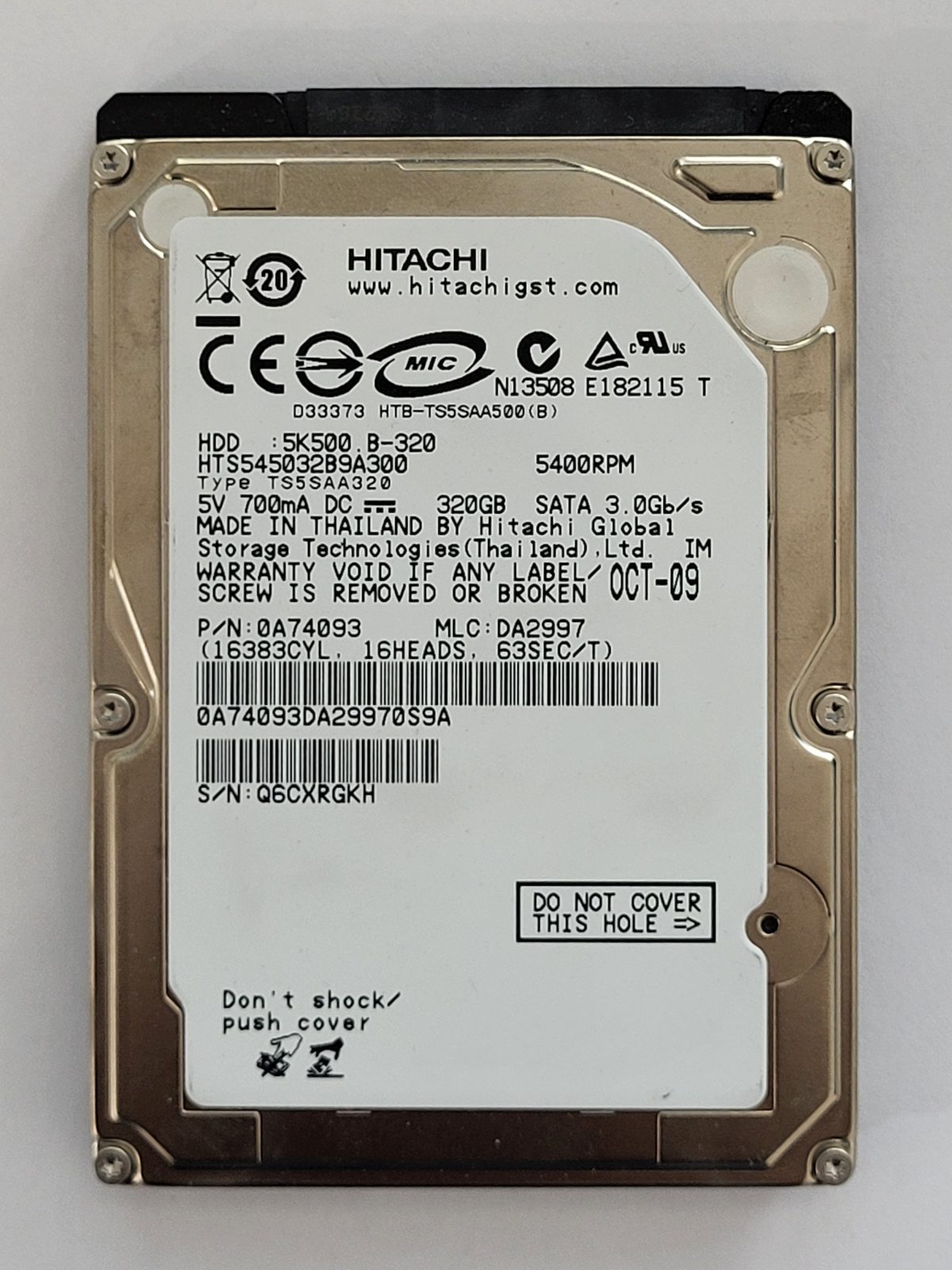 HTS545032B9A300, PN: 0A74093, MLC: DA2997, OCT 09, Hitachi 320Gb 2.5" HDD STK