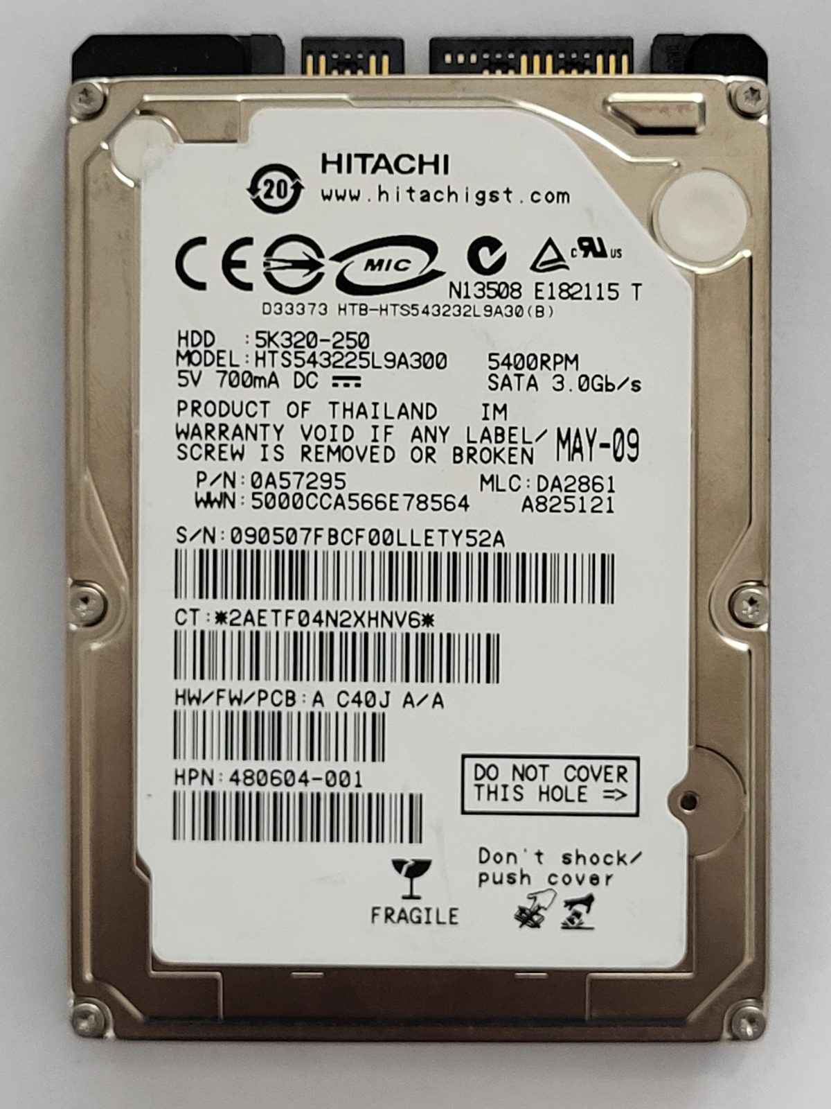 HTS543225L9A300, PN: 0A57295, MLC: DA2861, MAY 09, Hitachi 250Gb 2.5" HDD STK