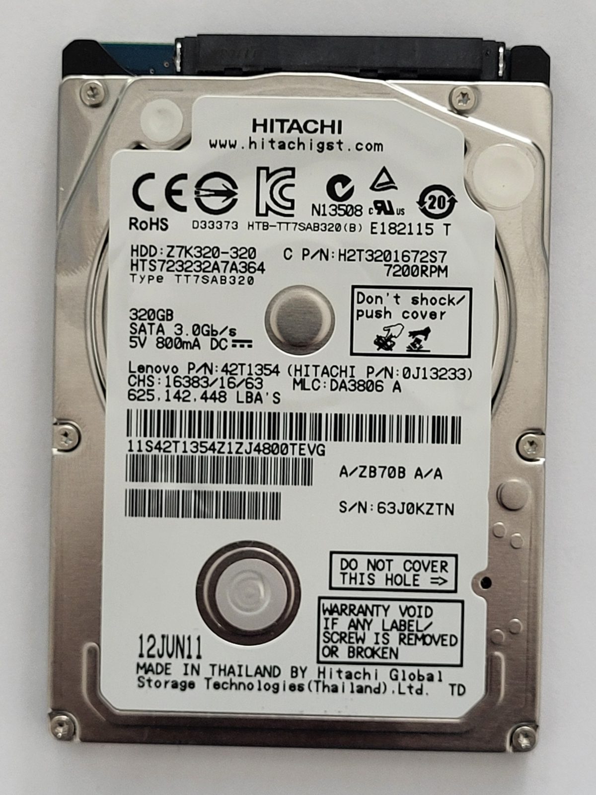 HTS723232A7A364, PN: 0J13233, MLC: DA3806, 12 JUN 11, Hitachi 320Gb 2.5" HDD STK