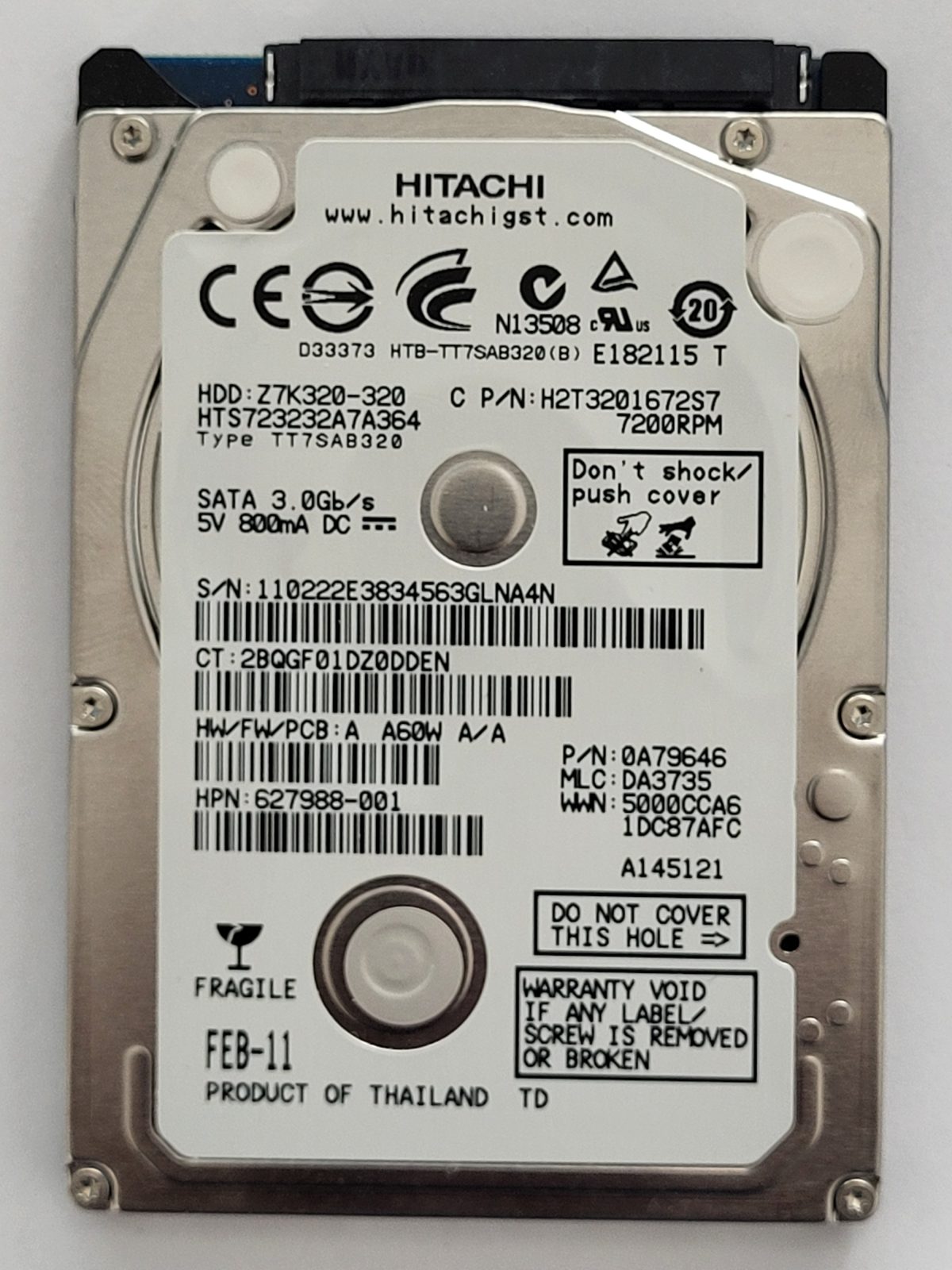 HTS723232A7A364, PN: 0A79646, MLC: DA3735, FEB 11, Hitachi 320Gb 2.5" HDD STK