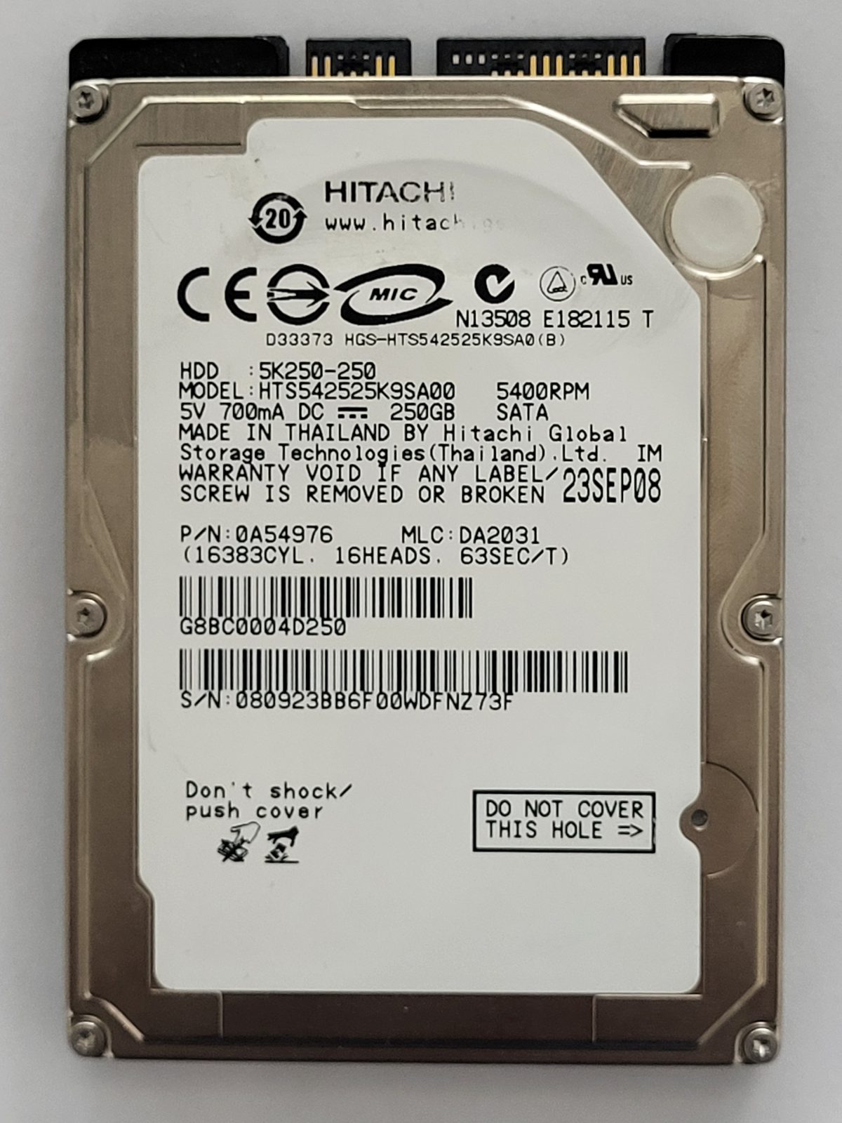 HTS542525K9SA00, PN: 0A54976, MLC: DA2031, 23 SEP 08, Hitachi 250Gb 2.5" HDD STK