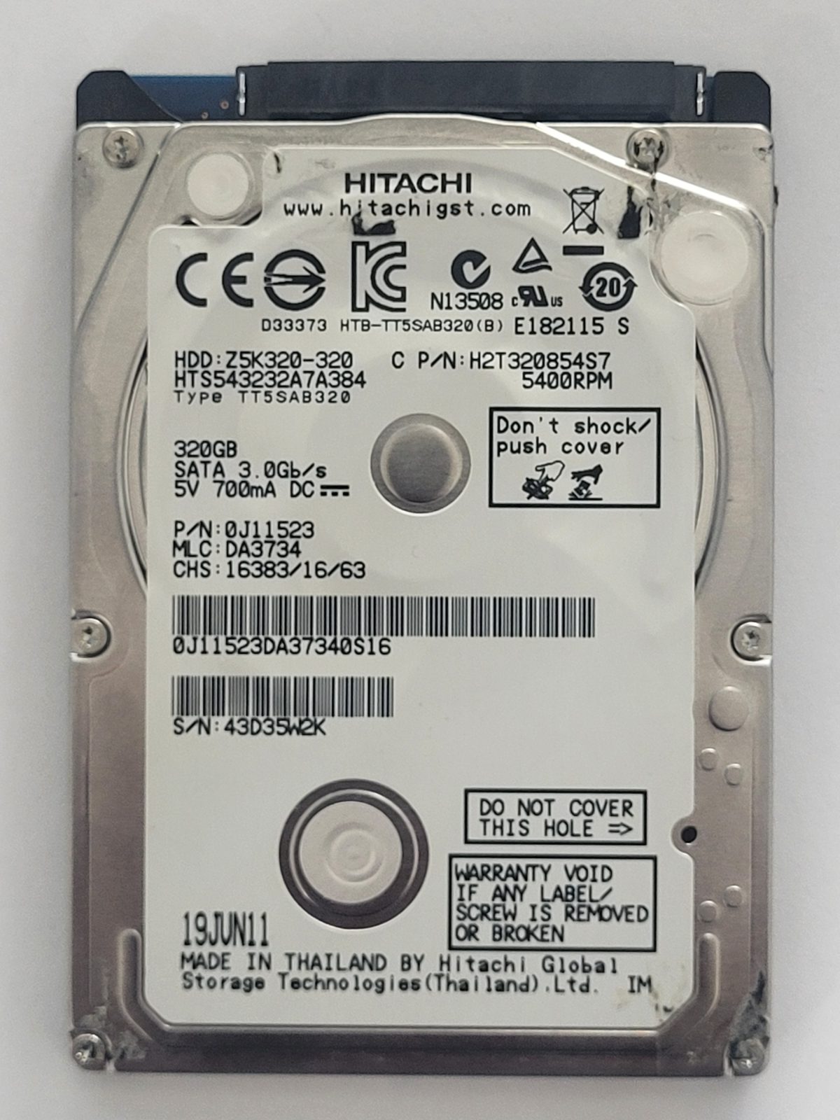 HTS543232A7A384, PN: 0J11523, MLC: DA3734, 19 JUN 11, Hitachi 320Gb 2.5" HDD STK