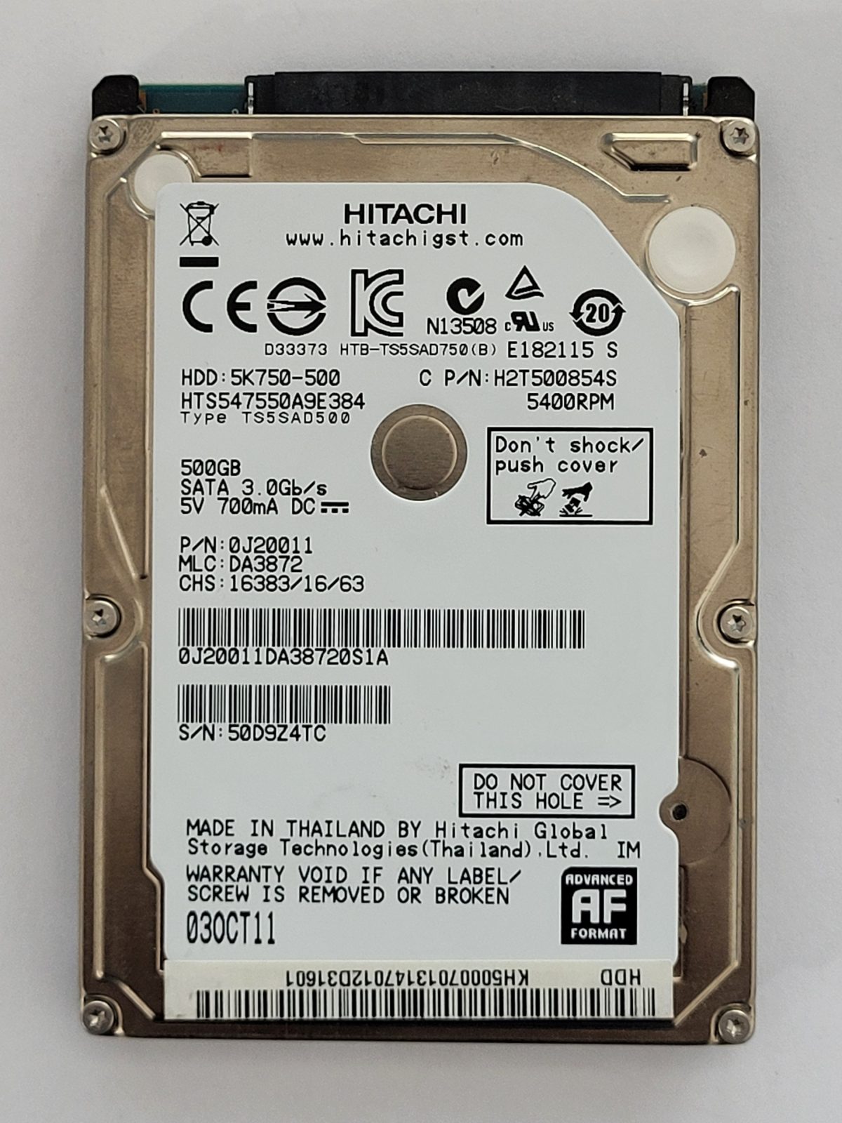 HTS547550A9E384, PN: 0J20011, MLC: DA3872, 03 OCT 11, Hitachi 500Gb 2.5" HDD STK