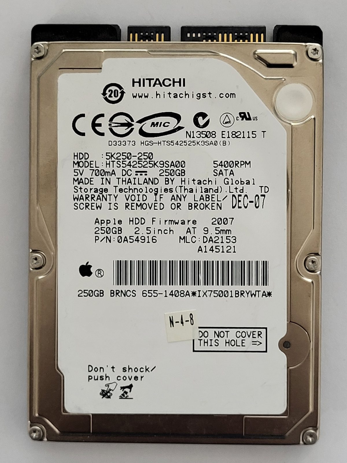 HTS542525K9SA00, PN: 0A54916, MLC: DA2153, DEC 07, Hitachi 250Gb 2.5" HDD STK