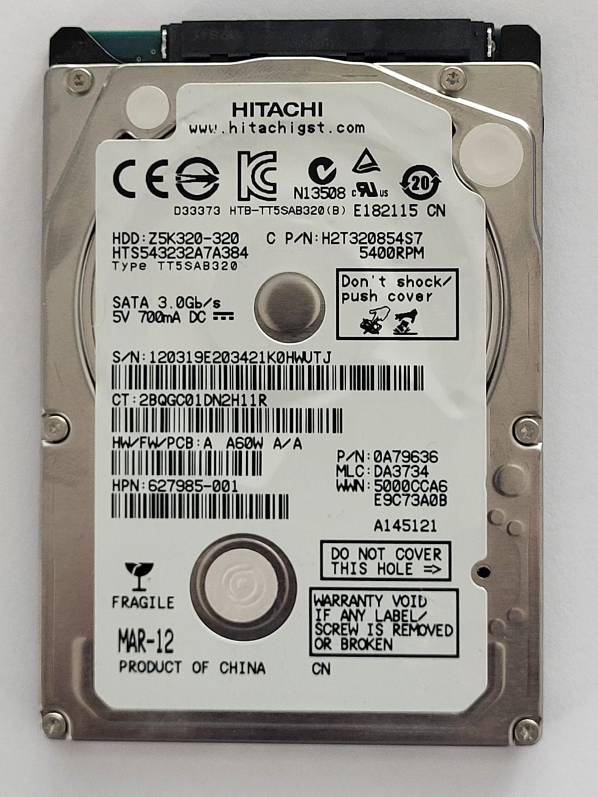 HTS543232A7A384, PN: 0A79636, MLC: DA3734, MAR 12, Hitachi 320Gb 2.5" HDD STK