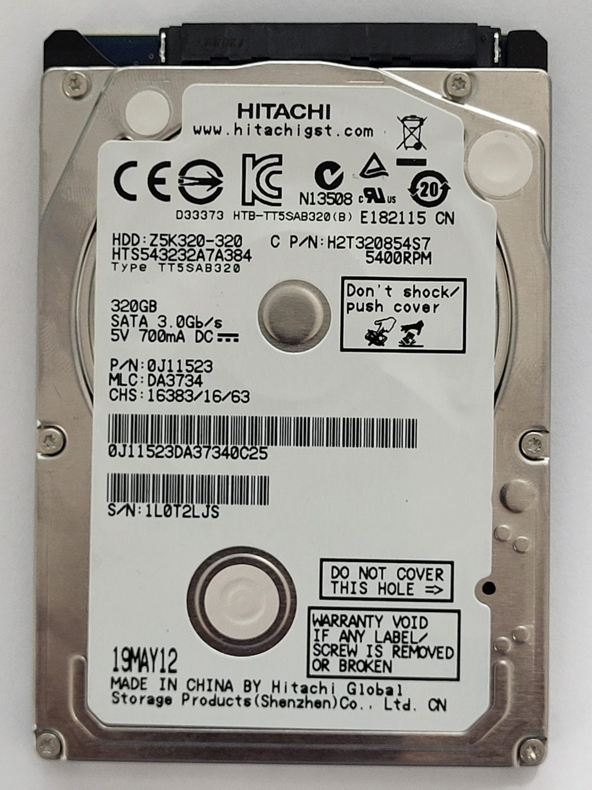 HTS543232A7A384, PN: 0J11523, MLC: DA3734, 19 MAY 12, Hitachi 320Gb 2.5" HDD STK