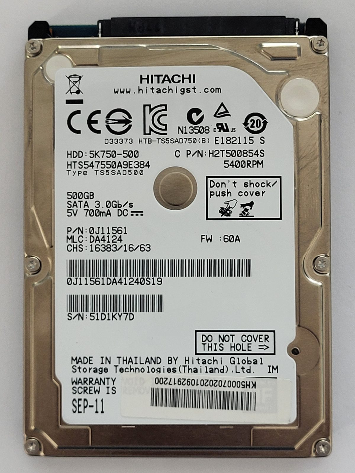 HTS547550A9E384, PN: 0J11561, MLC: DA4124, SEP 11, Hitachi 500Gb 2.5" HDD STK