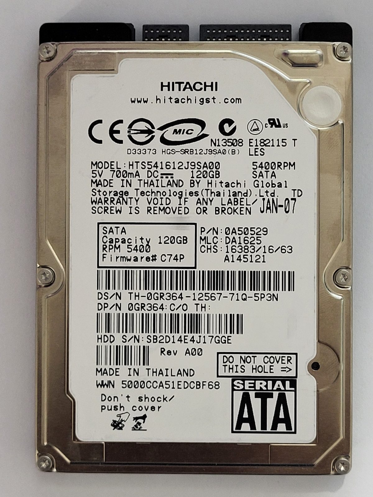 HTS541612J9SA00, PN: 0A50529, MLC: DA1625, JAN 07, Hitachi 120Gb 2.5" HDD STK