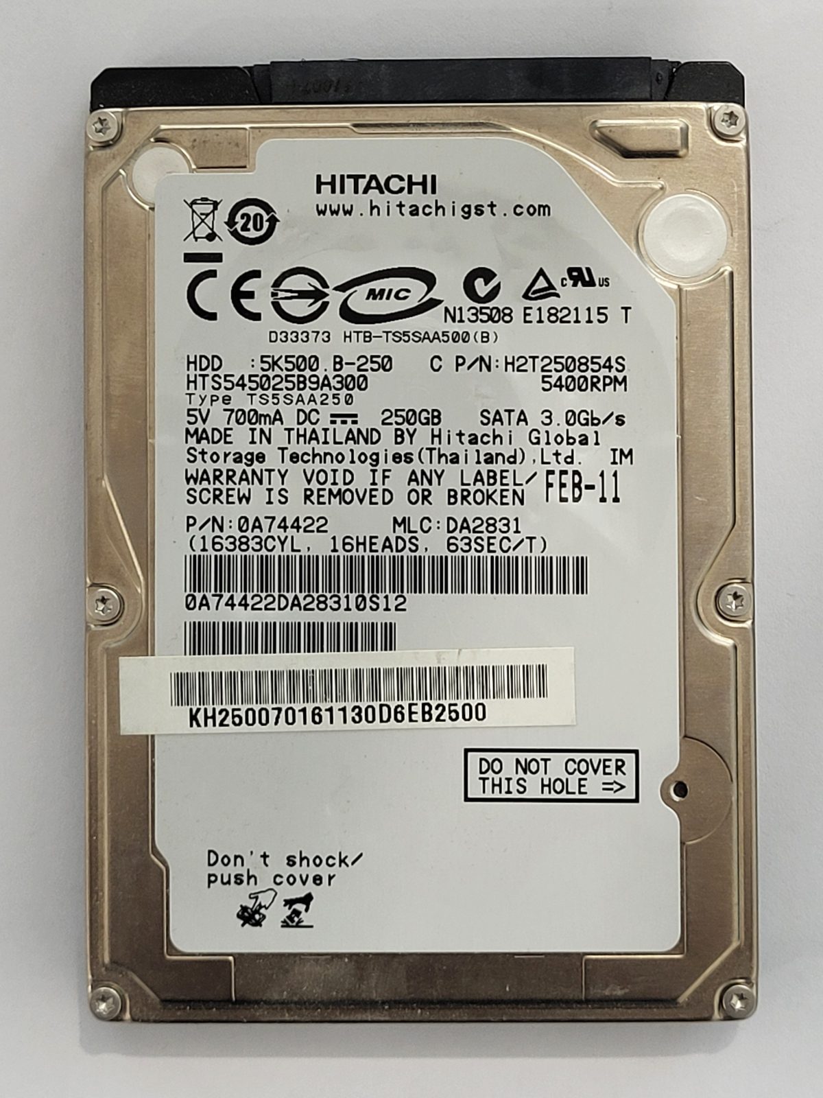 HTS545025B9A300, PN: 0A74422, MLC: DA2831, FEB 11, Hitachi 250Gb 2.5" HDD STK