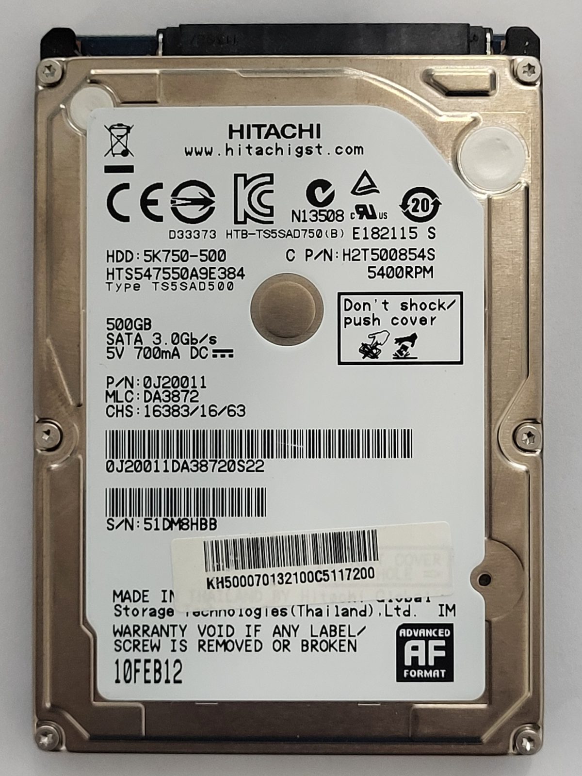 HTS547550A9E384, PN: 0J20011, MLC: DA3872, 10 FEB 12, Hitachi 500Gb 2.5" HDD STK