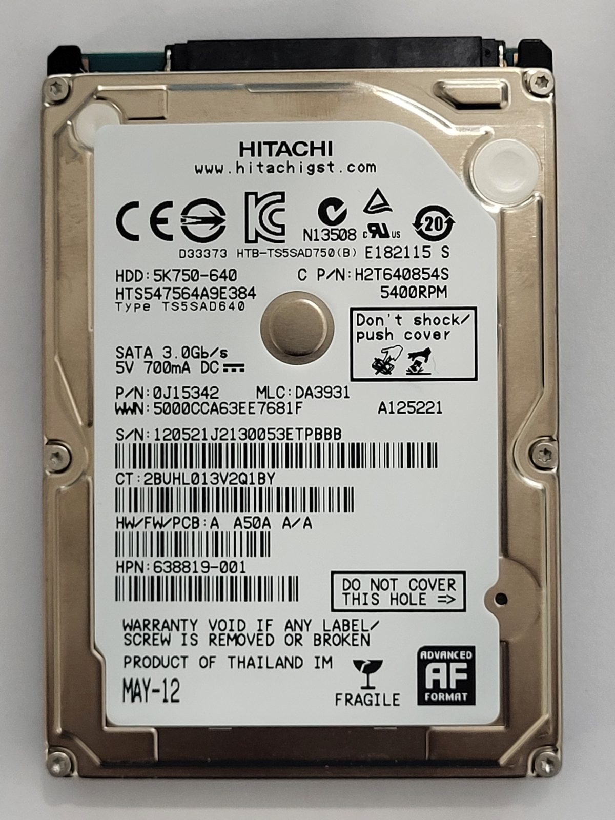 HTS547564A9E384, PN: 0J15342, MLC: DA3931, MAY 12, Hitachi 640Gb 2.5" HDD STK