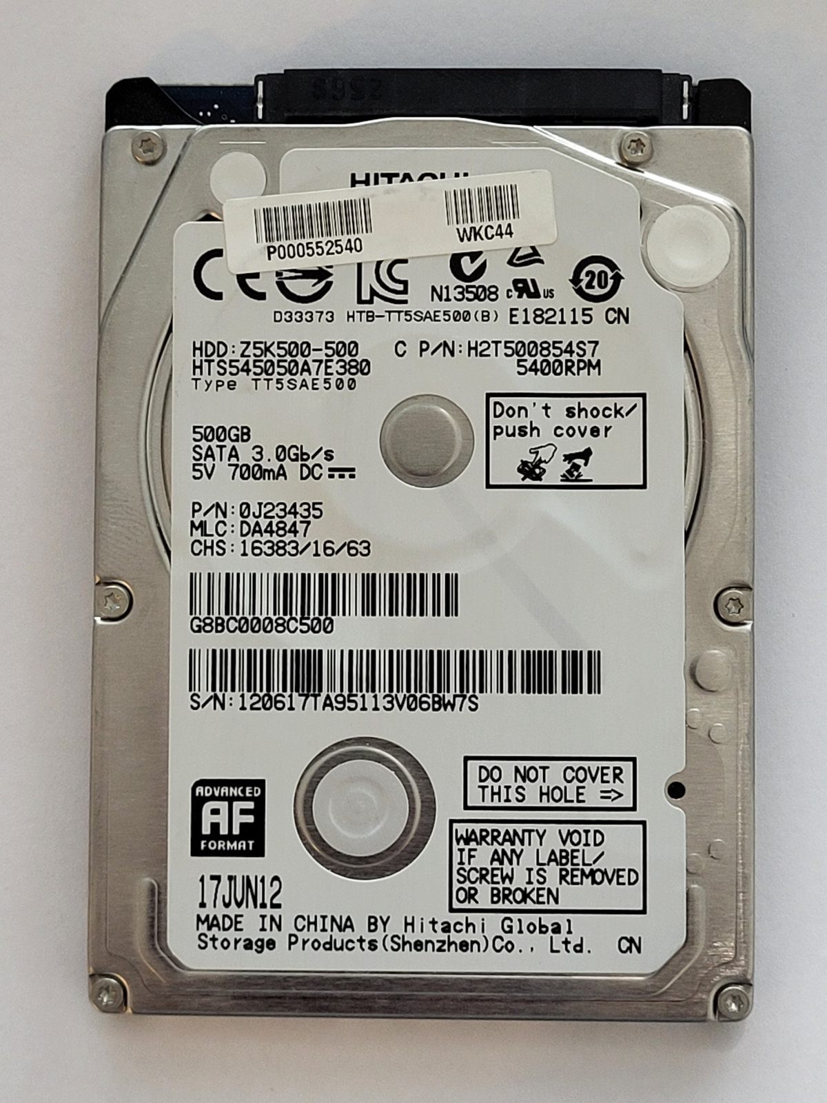 HTS545050A7E380, PN: 0J23435, MLC: DA4847, 17 JUN 12, Hitachi 500Gb 2.5" HDD STK