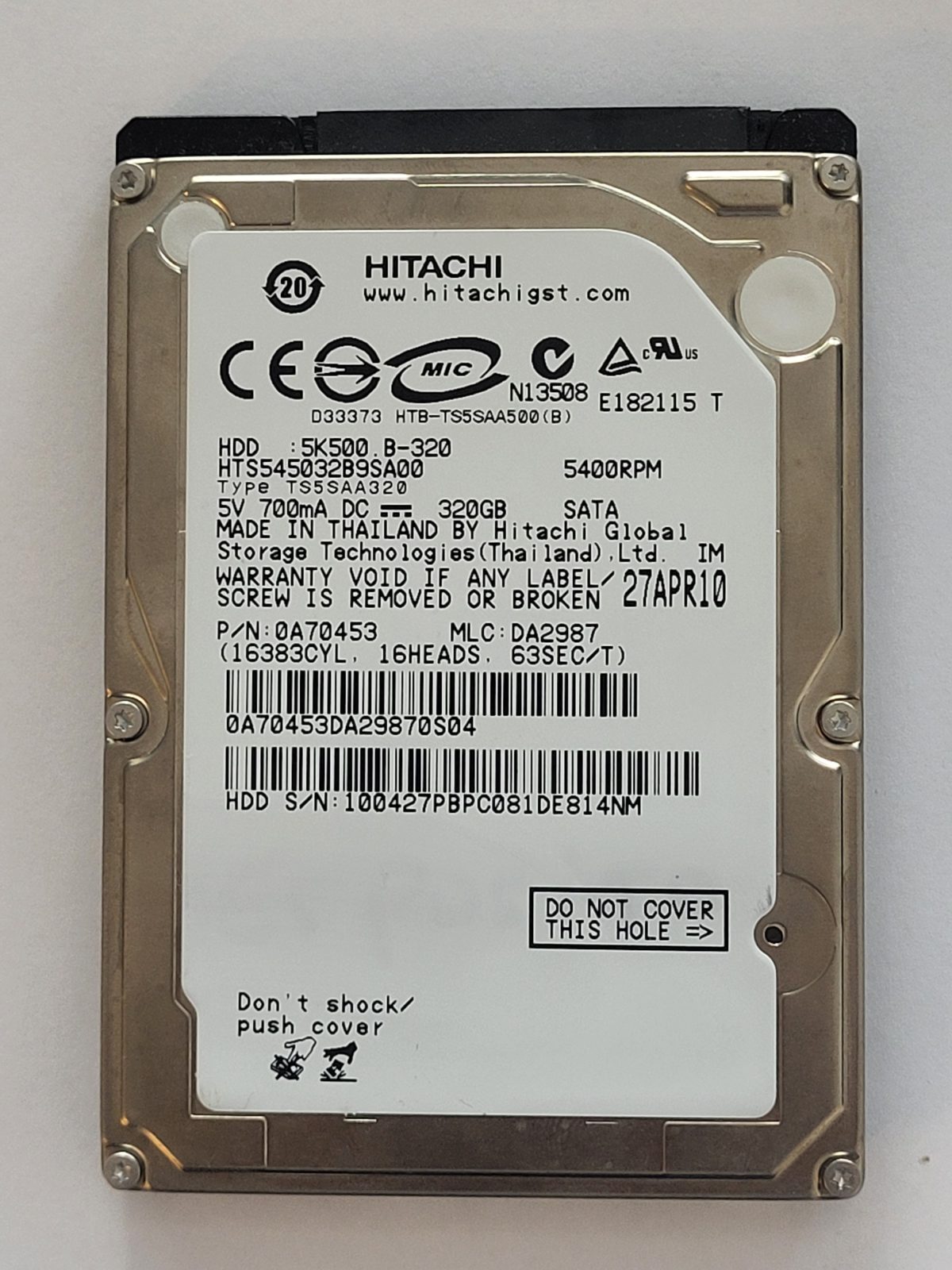 HTS545032B9SA00, PN: 0A70453, MLC: DA2987, 27 APR 10, Hitachi 320Gb 2.5" HDD STK