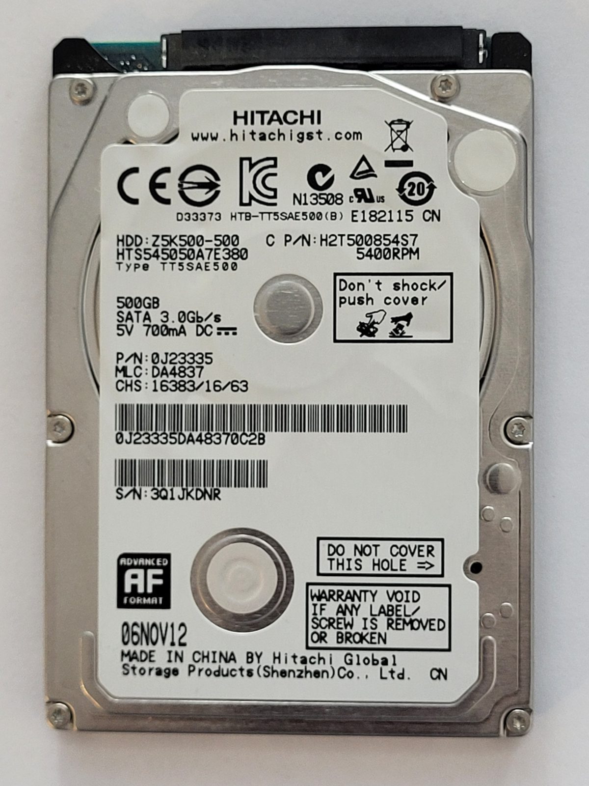 HTS545050A7E380, PN: 0J23335, MLC: DA4837, 06 NOV 12, Hitachi 500Gb 2.5" HDD STK