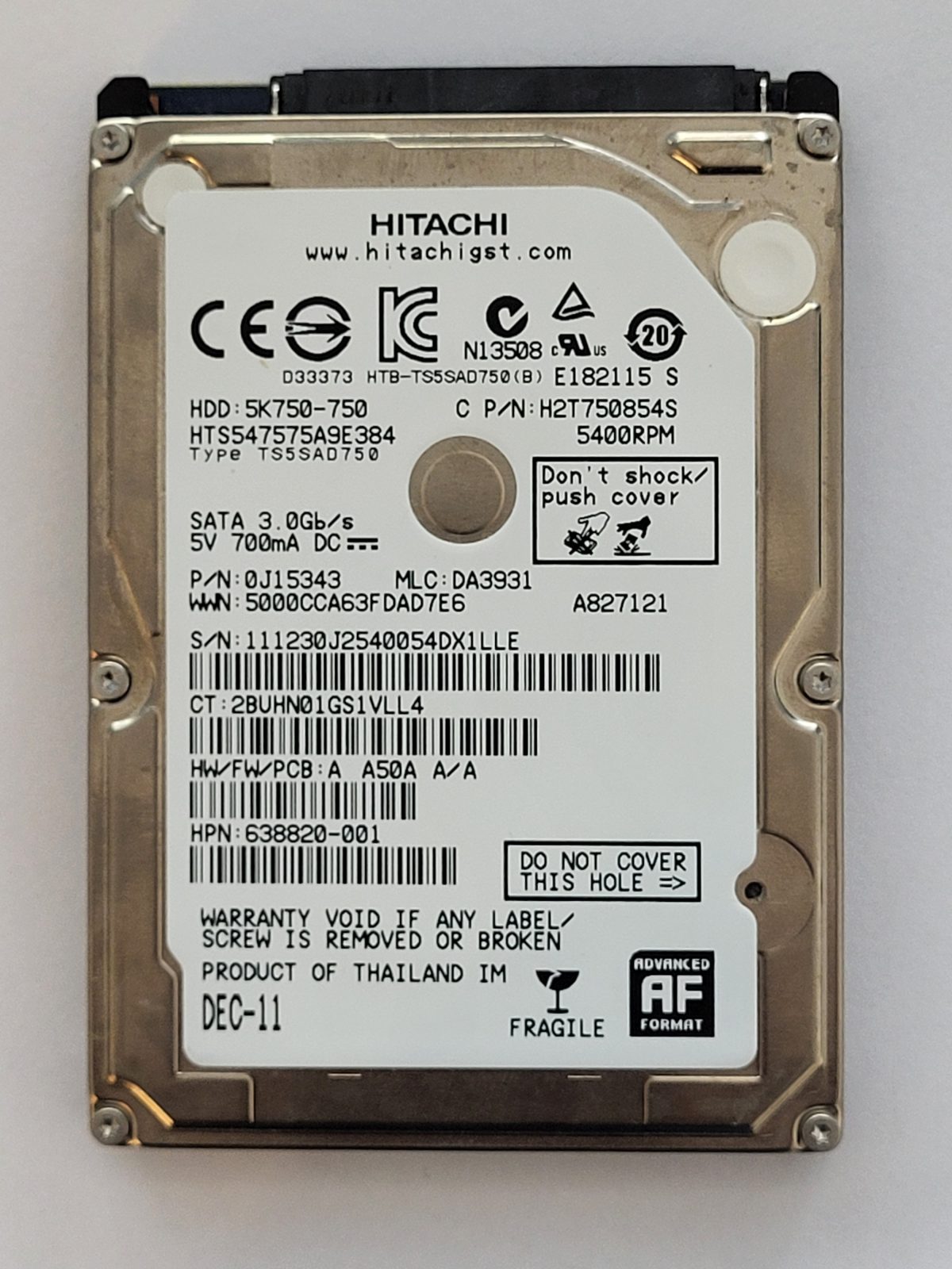HTS547575A9E384, PN: 0J15343, MLC: DA3931, DEC 11, Hitachi 750Gb 2.5" HDD STK