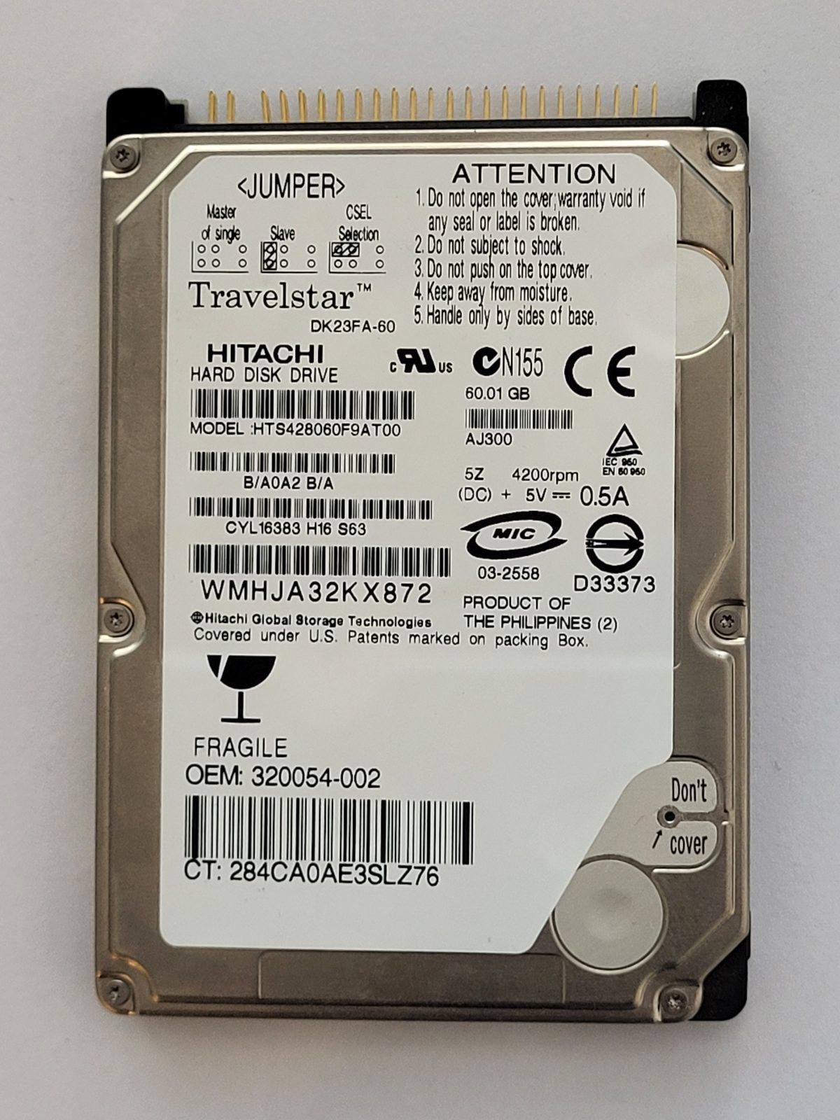 HTS428060F9AT00, PN: B/A0A2B/A, MLC: -, -, Hitachi 60Gb 2.5" HDD STK