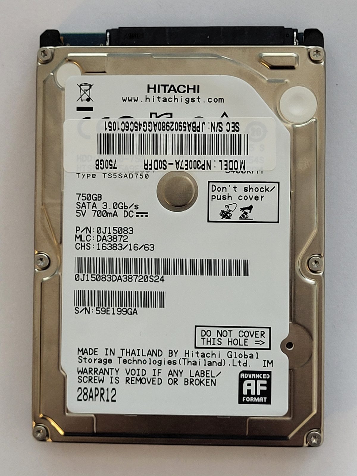 HTS547575A9E384, PN: 0J15083, MLC: DA3872, 28 APR 12, Hitachi 750Gb 2.5" HDD STK