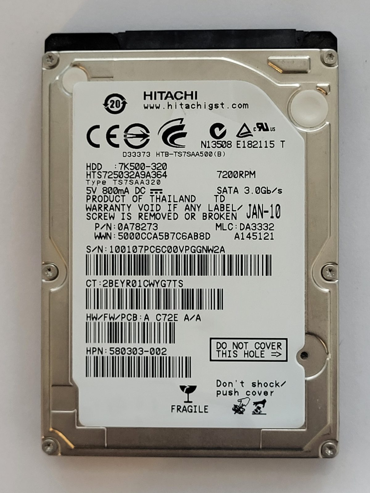 HTS725032A9A364, PN: 0A78273, MLC: DA3332, JAN 10, Hitachi 320Gb 2.5" HDD STK