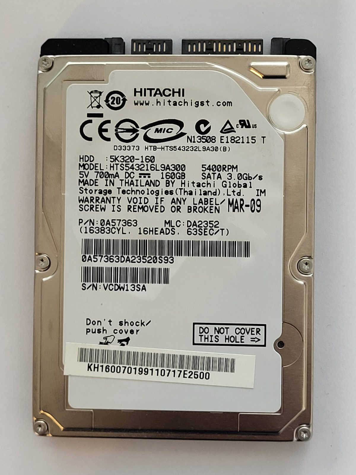 HTS543216L9A300, PN: 0A57363, MLC: DA2352, MAR 09, Hitachi 160Gb 2.5" HDD STK