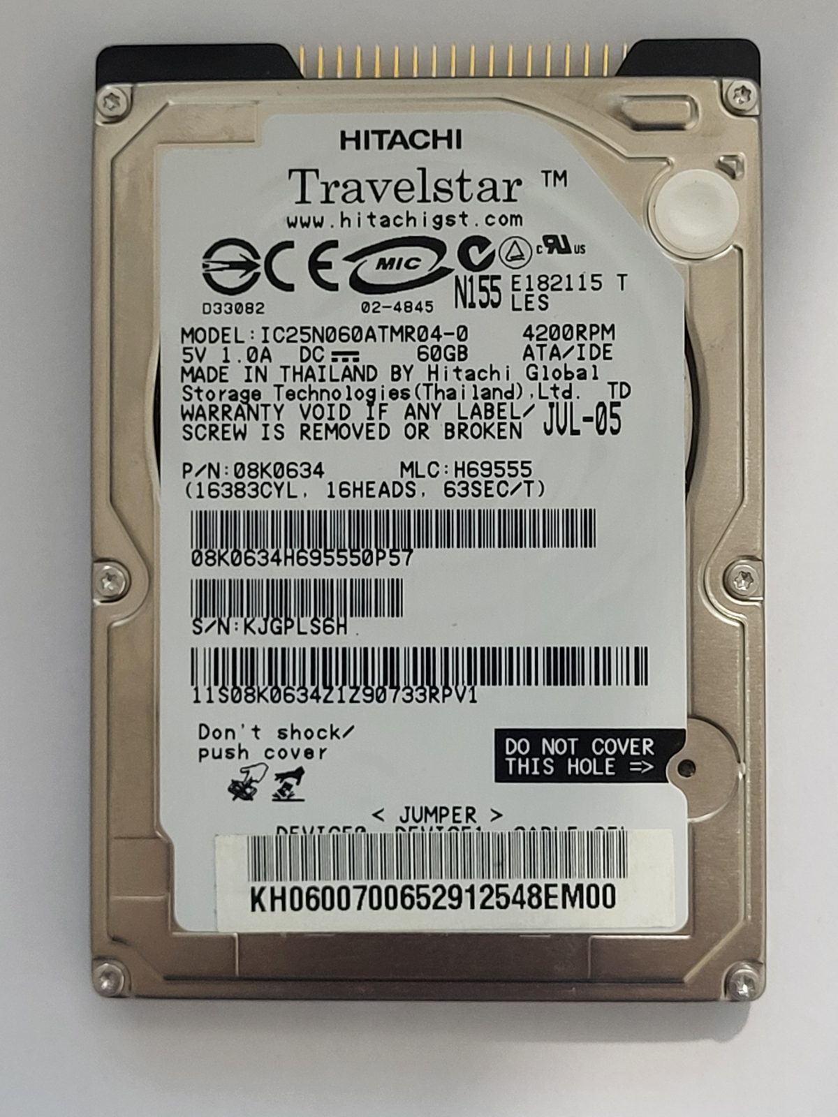 IC25N060ATMR04-0, PN: 08K0634, MLC: H69555, JUL 05, Hitachi 60Gb 2.5" HDD STK