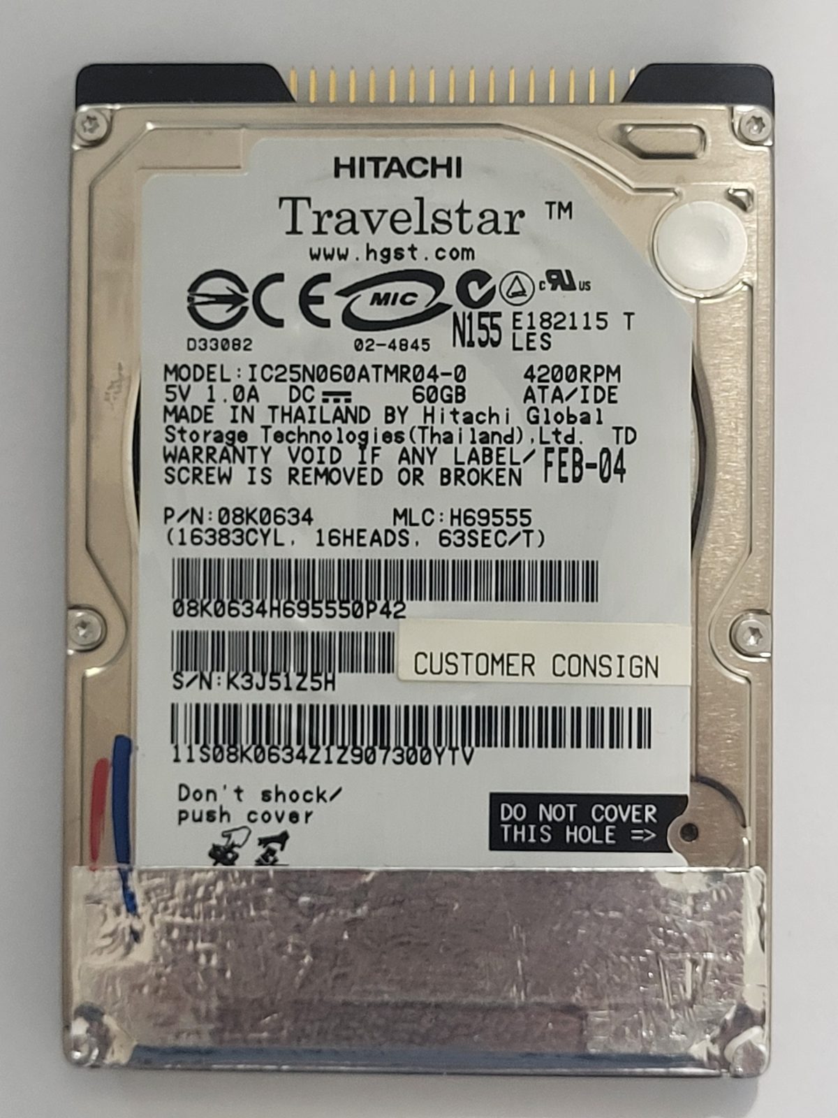 IC25N060ATMR04-0, PN: 08K0634, MLC: H69555, FEB 04, Hitachi 60Gb 2.5" HDD STK