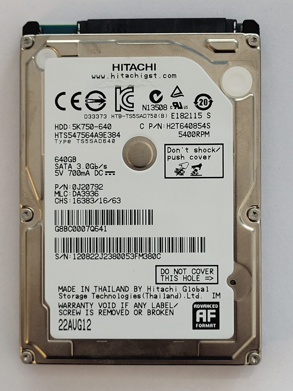 HTS547564A9E384, PN: 0J20792, MLC: DA3936, 22 AUG 12, Hitachi 640Gb 2.5" HDD STK
