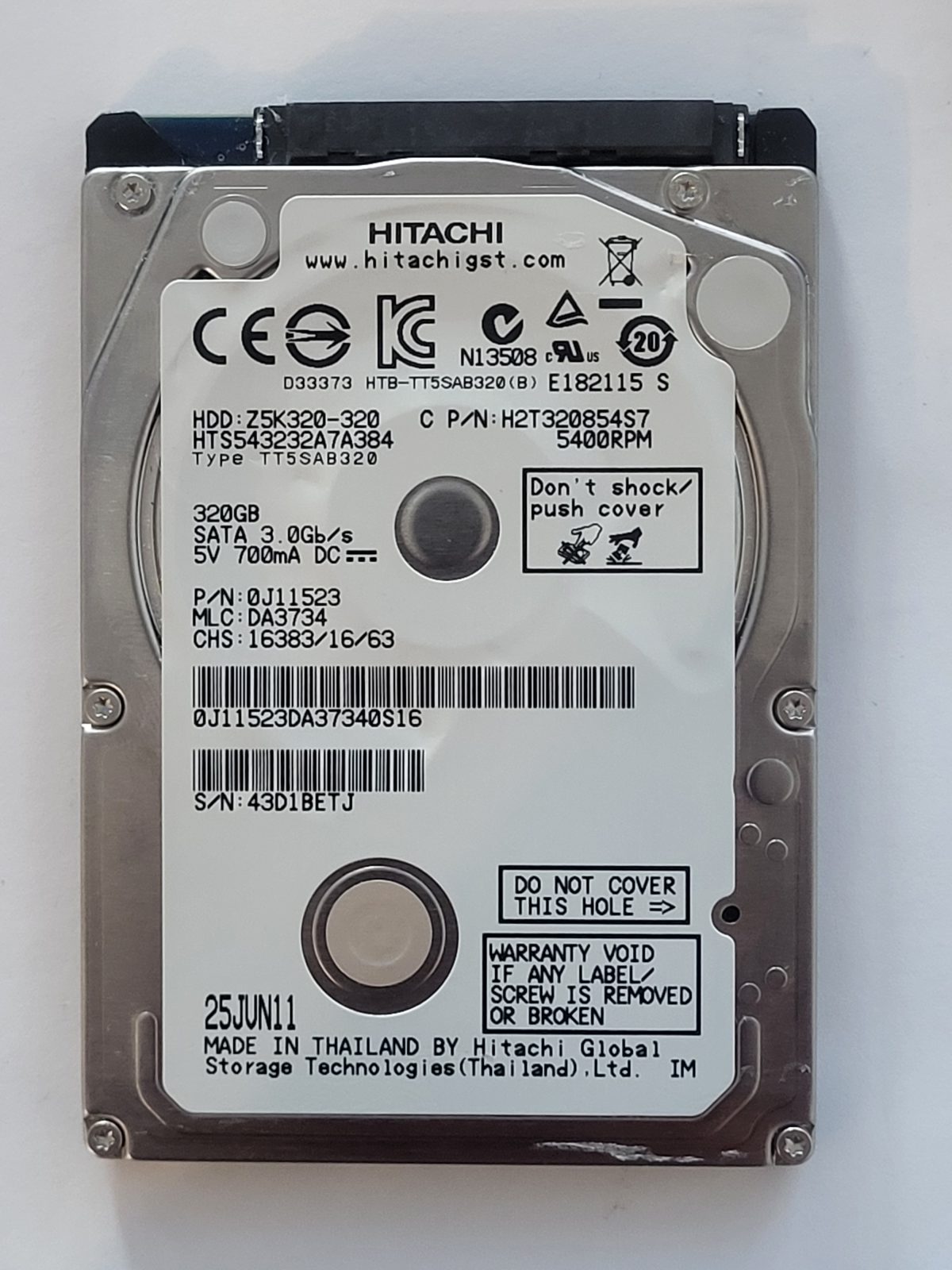 HTS543232A7A384, PN: 0J11523, MLC: DA3734, 25 JUN 11, Hitachi 320Gb 2.5" HDD STK
