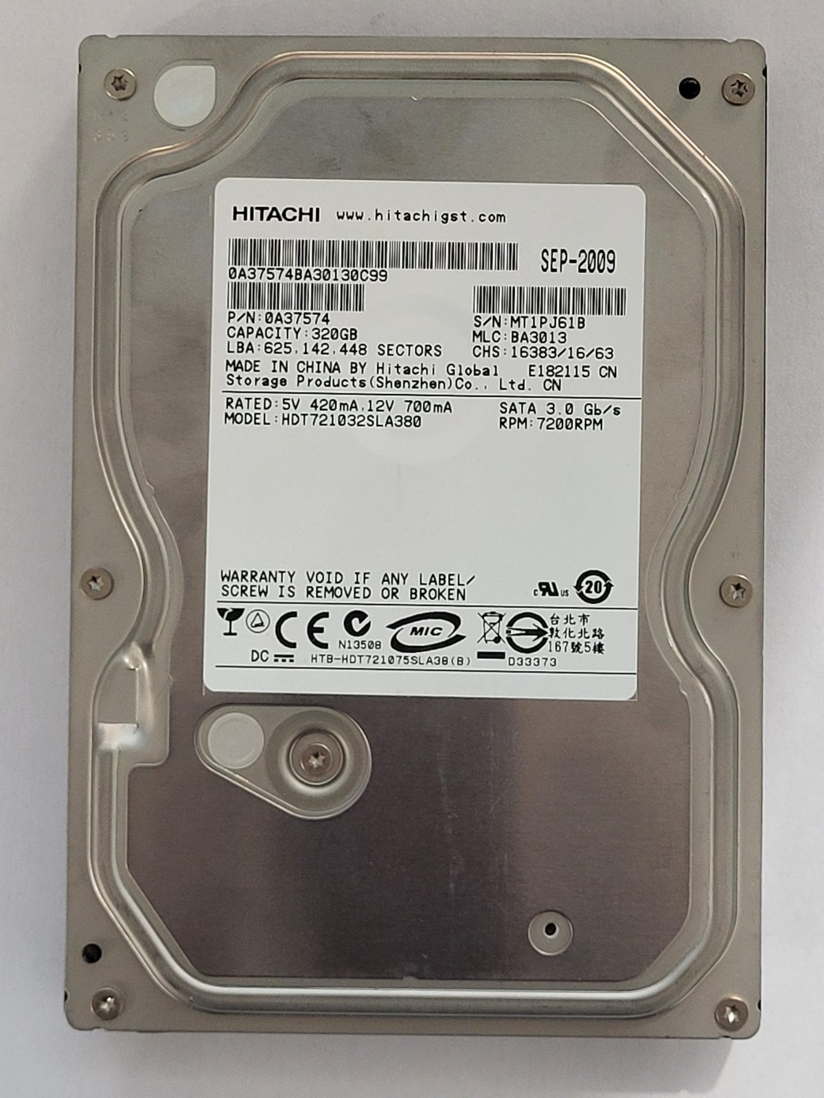HDT721032SLA380, PN: 0A37574, MLC: BA3013, SEP 2009, Hitachi 320Gb 3.5" HDD STK