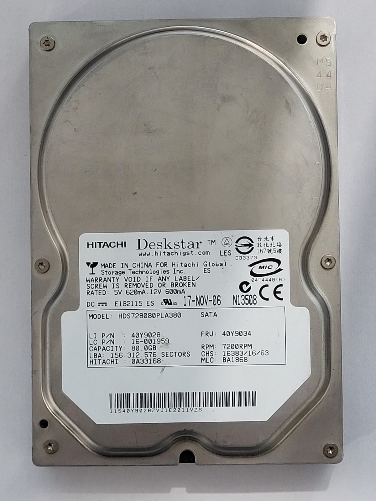 HDS728080PLA380, PN: 0A33168, MLC: BA1868, 17 NOV 06, Hitachi 80Gb 3.5" HDD STK