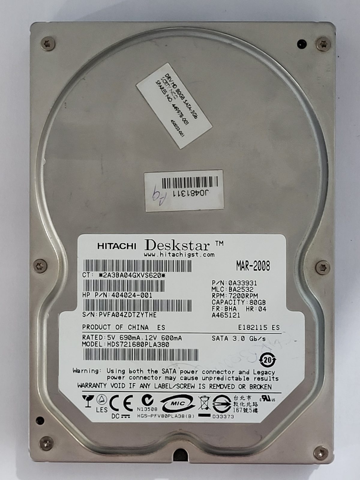 HDS721680PLA380, PN: 0A33931, MLC: BA2532, MAR 2008, Hitachi 80Gb 3.5" HDD STK