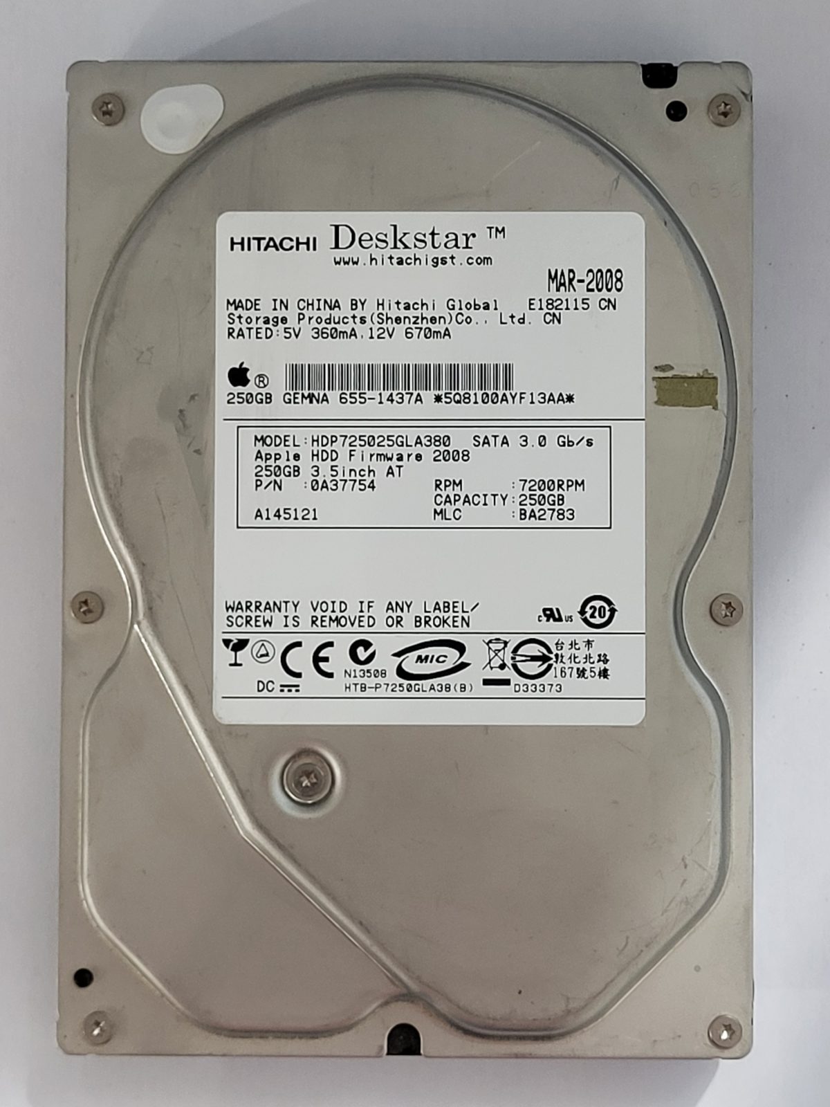 HDP725025GLA380, PN: 0A37754, MLC: BA2783, MAR 2008, Hitachi 250Gb 3.5" HDD STK
