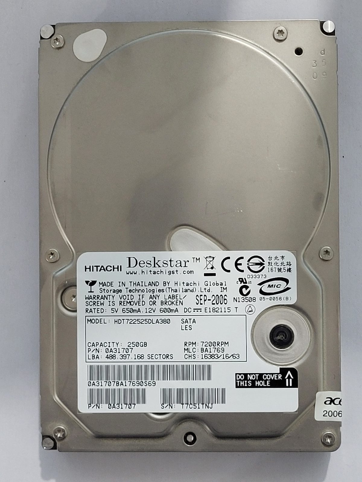 HDT722525DLA380, PN: 0A31707, MLC: BA1769, SEP 2006, Hitachi 250Gb 3.5" HDD STK