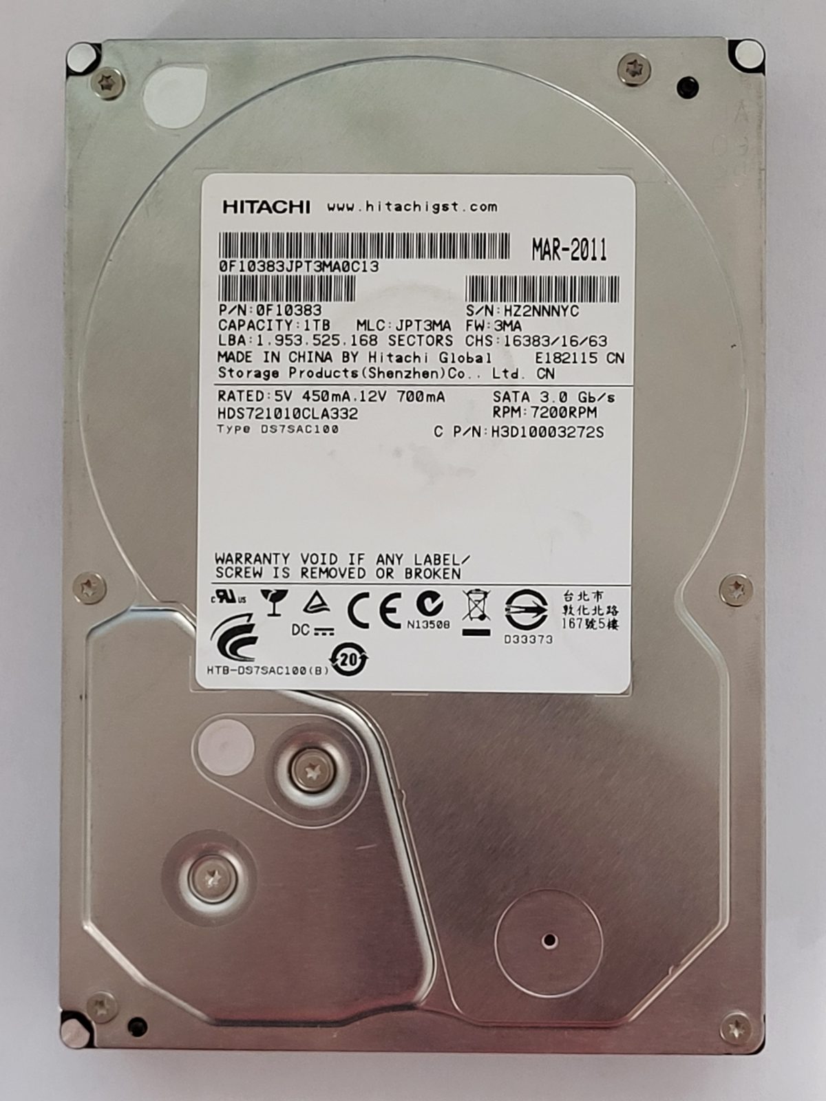 HDS721010CLA332, PN: 0F10383, MLC: JPT3MA, MAR 2011, Hitachi 1Tb 3.5" HDD STK