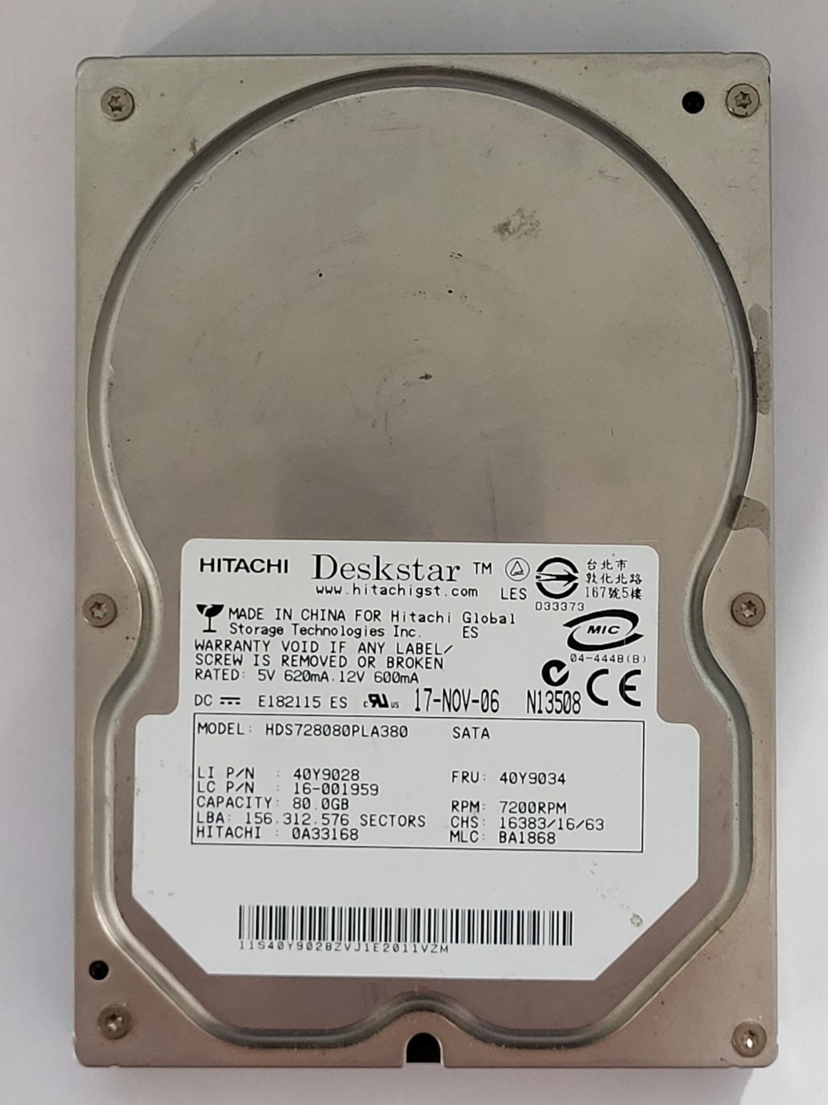 HDS728080PLA380, PN: 0A33168, MLC: BA1868, 17 NOV 06, Hitachi 80Gb 3.5" HDD STK