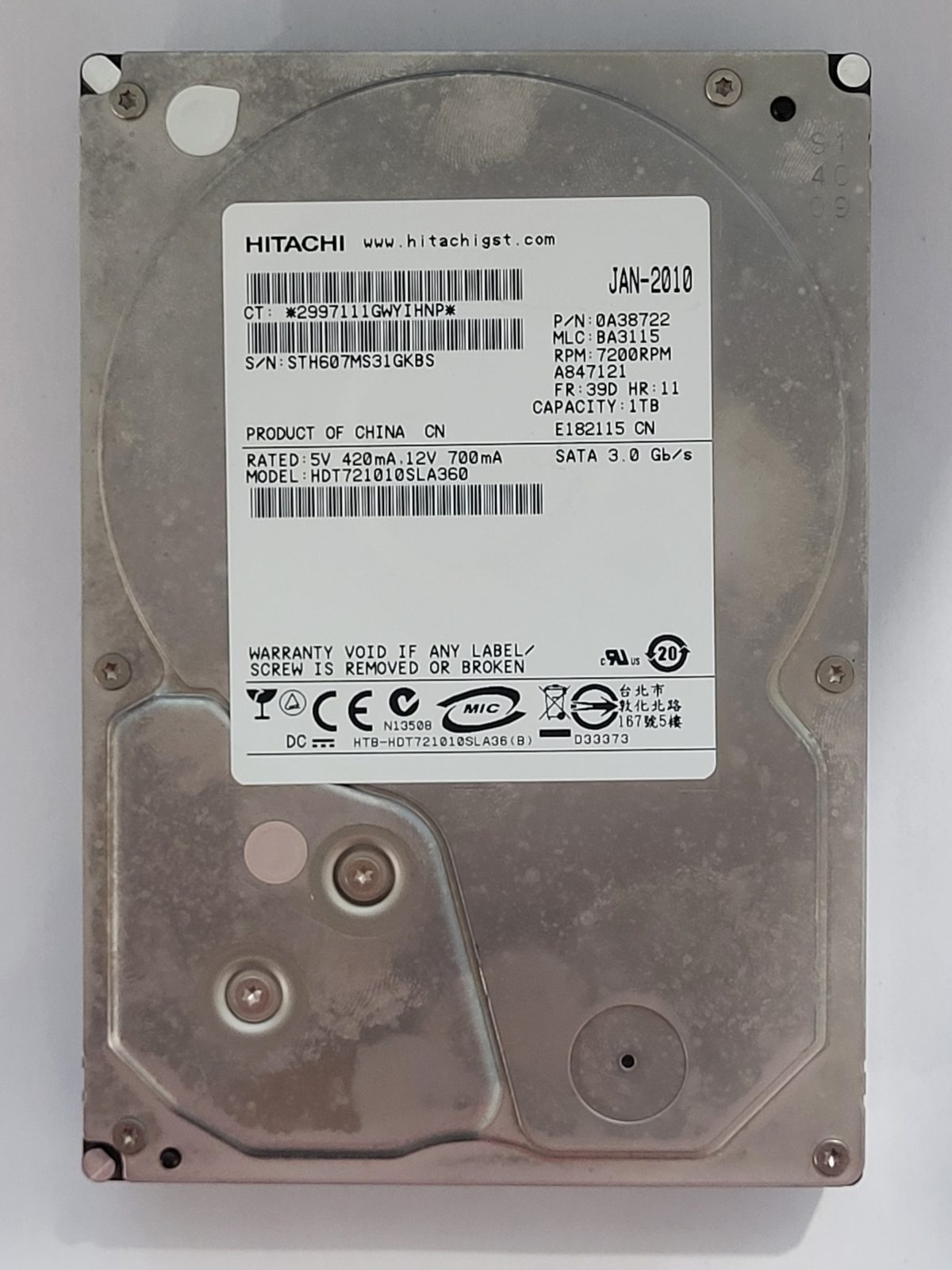 HDT721010SLA360, PN: 0A38722, MLC: BA3115, JAN 2010, Hitachi 1Tb 3.5" HDD STK