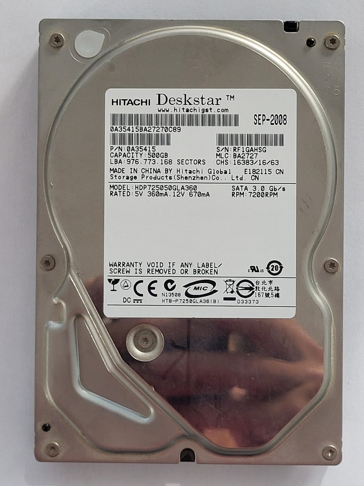 HDP725050GLA360, PN: 0A35415, MLC: BA2727, SEP 2008, Hitachi 500Gb 3.5" HDD STK
