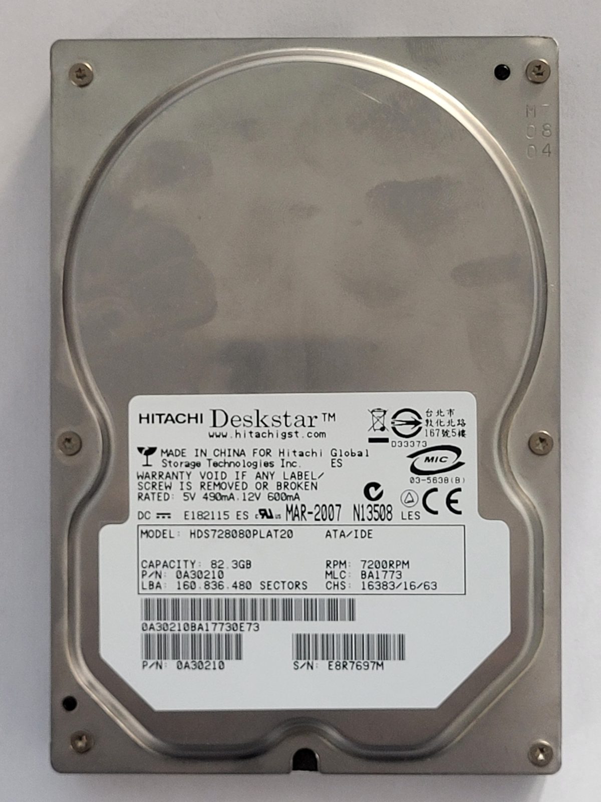HDS728080PLAT20, PN: 0A30210, MLC: BA1773, MAR 2007, Hitachi 82Gb 3.5" HDD STK