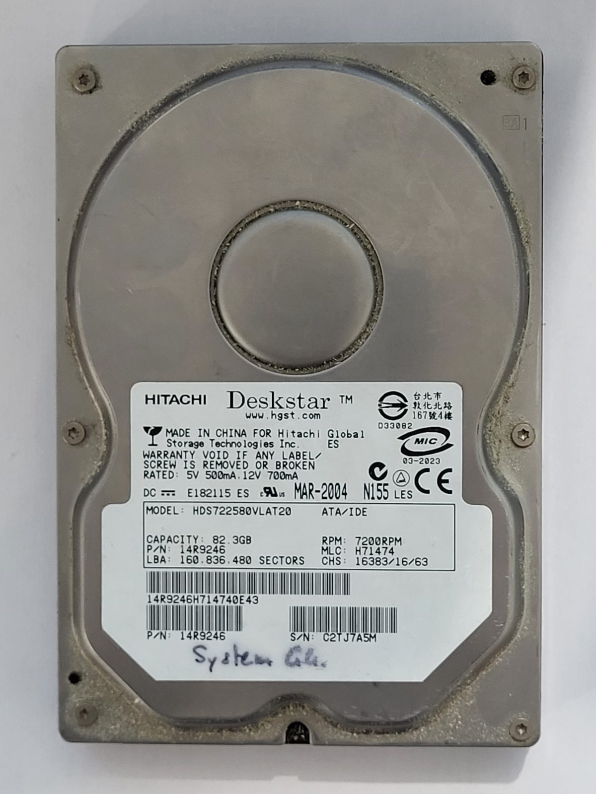 HDS722580VLAT20, PN: 14R9246, MLC: H71474, MAR 2004, Hitachi 82Gb 3.5" HDD STK
