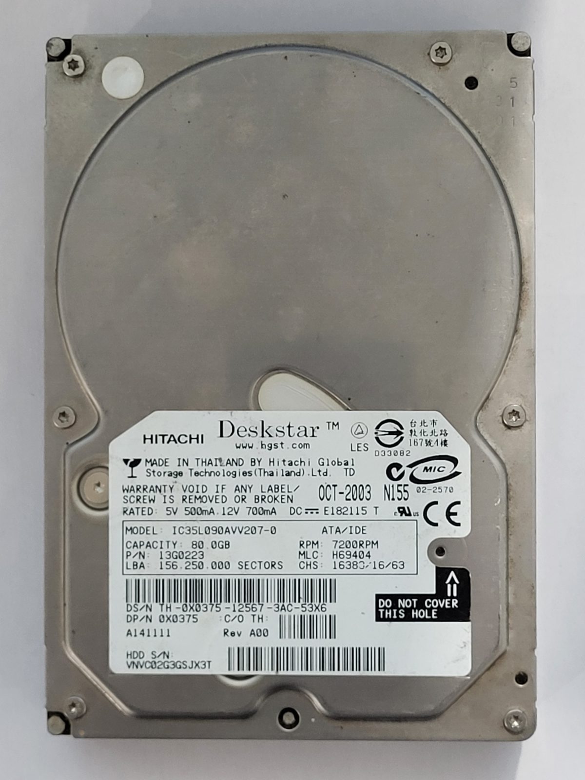 IC35L090AVV207-0, PN: 13G0223, MLC: H69404, OCT 2003, Hitachi 80Gb 3.5" HDD STK
