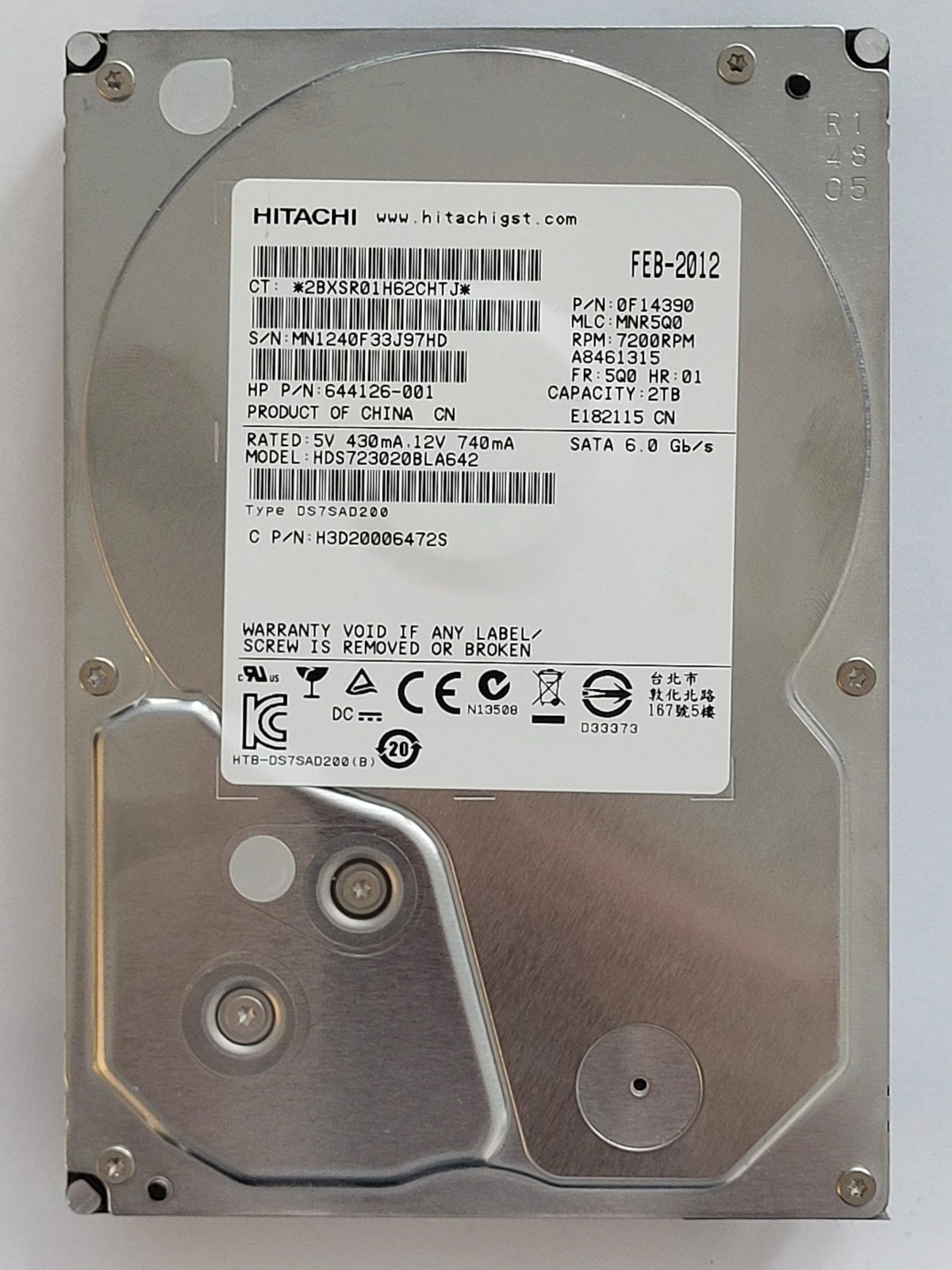 HDS723020BLA642, PN: 0F14390, MLC: MNR5Q0, FEB 2012, Hitachi 2Tb 3.5" HDD STK