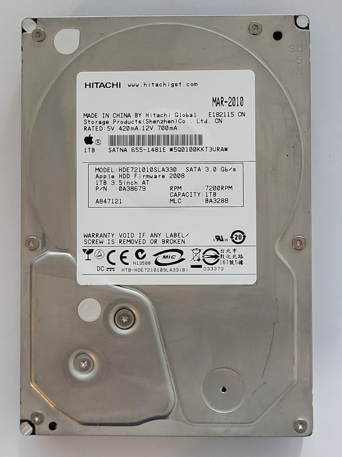 HDE721010SLA330, PN: 0A38679, MLC: BA3288, MAR 2010, Hitachi 1Tb 3.5" HDD STK