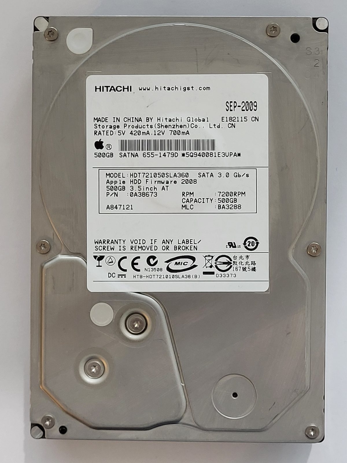 HDT721050SLA360, PN: 0A38673, MLC: BA3288, SEP 2009, Hitachi 500Gb 3.5" HDD STK