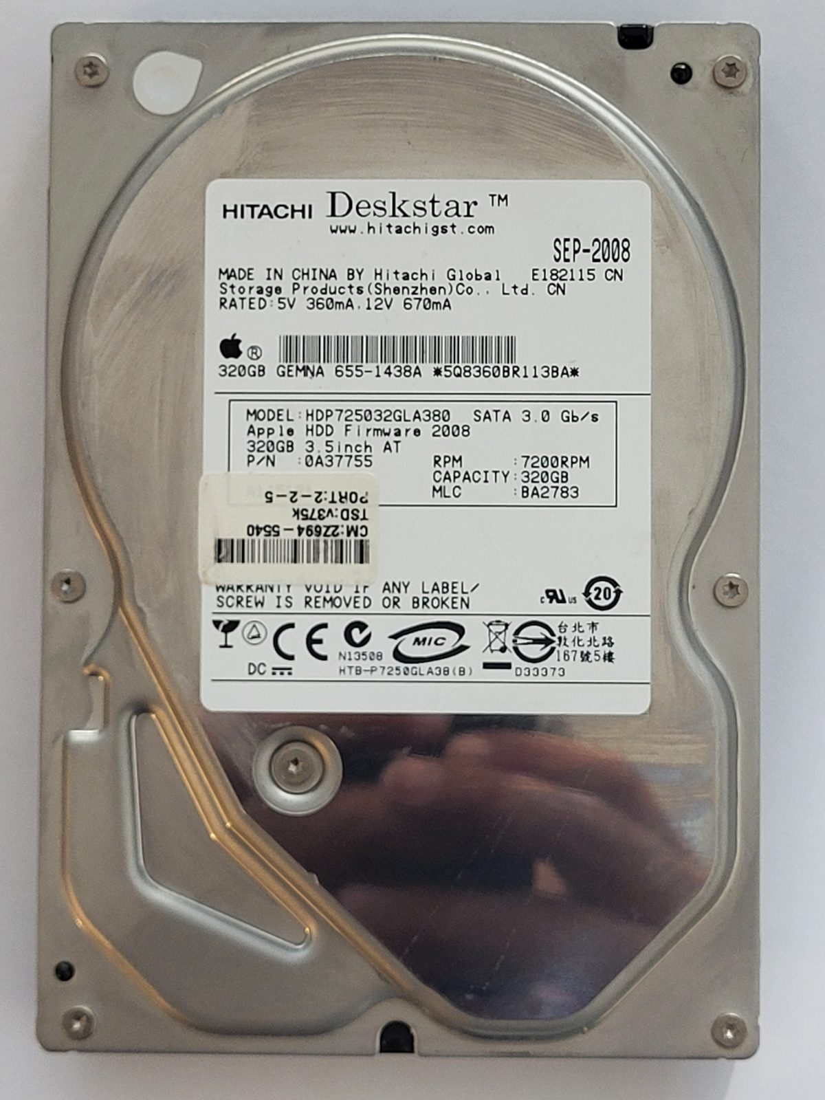 HDP725032GLA380, PN: 0A37755, MLC: BA2783, SEP 2008, Hitachi 320Gb 3.5" HDD STK
