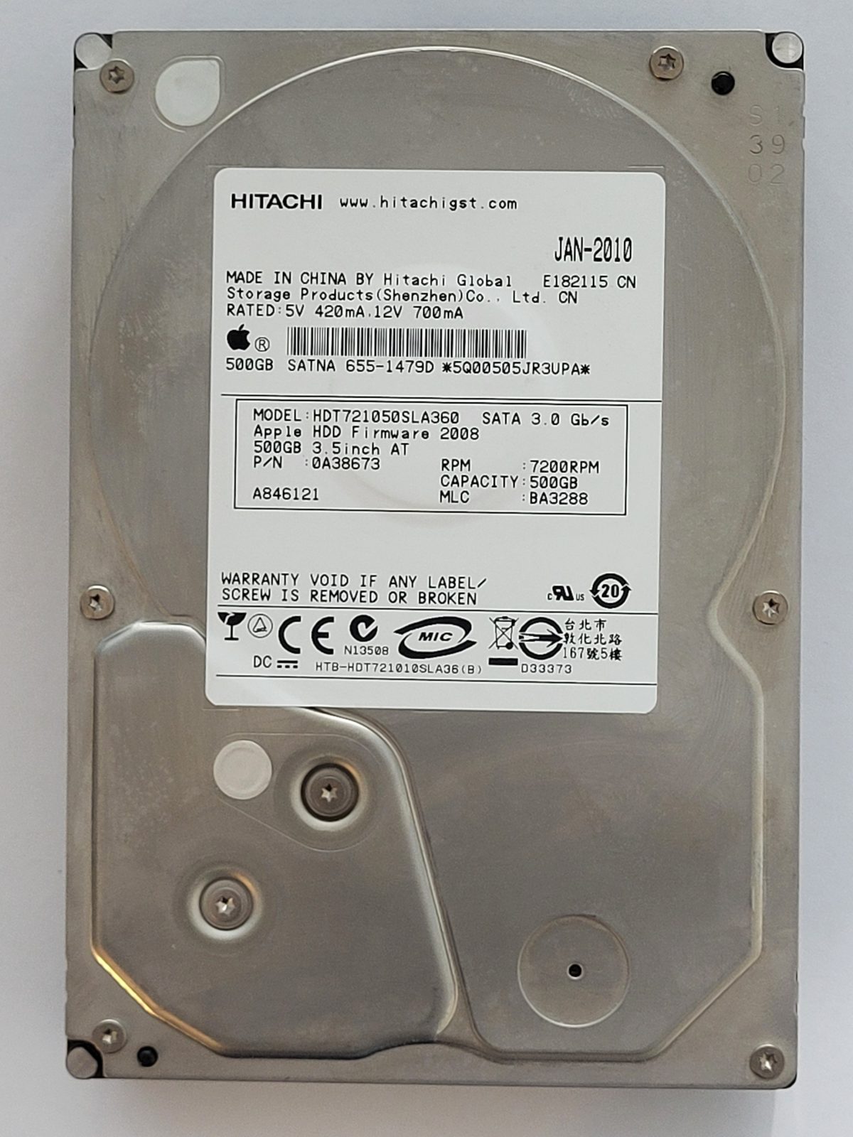 HDT721050SLA360, PN: 0A38973, MLC: BA3288, JAN 2010, Hitachi 500Gb 3.5" HDD STK