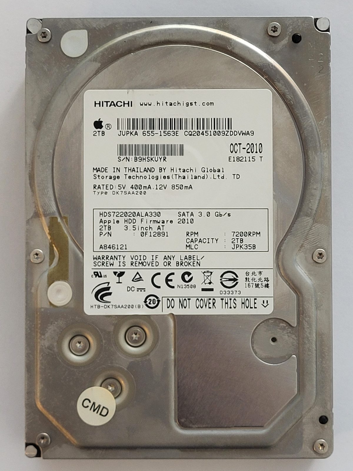 HDS722020ALA330, PN: 0F12891, MLC: JPK35B, OCT 2010, Hitachi 2Tb 3.5" HDD STK
