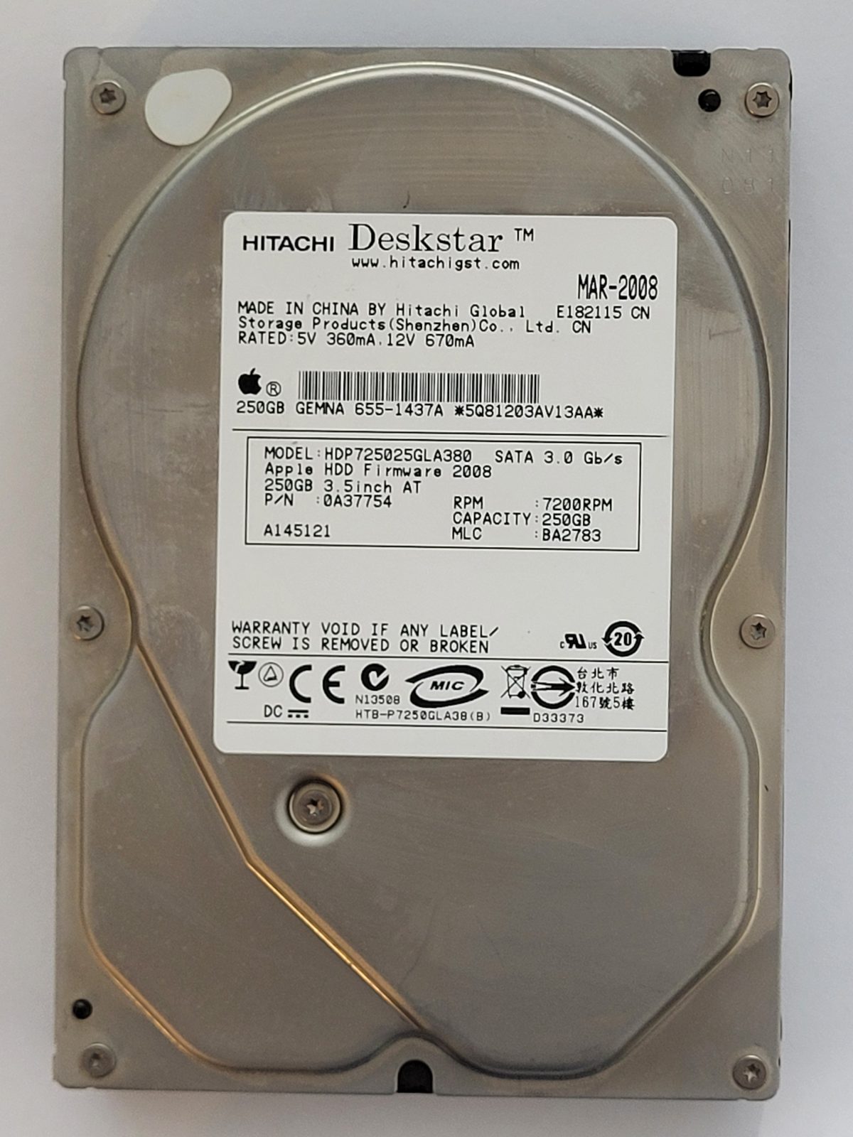 HDP725025GLA380, PN: 0A37754, MLC: BA2783, MAR 2008, Hitachi 250Gb 3.5" HDD STK